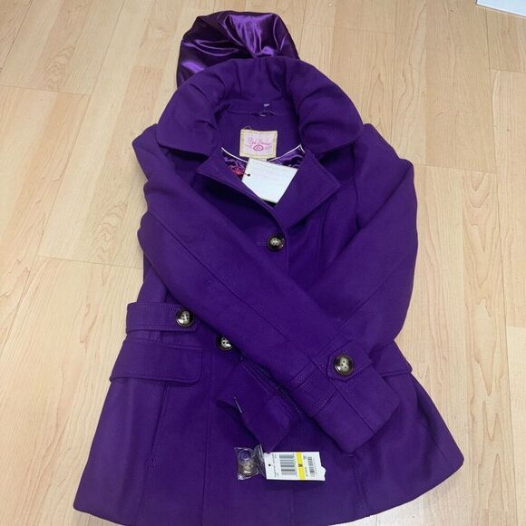 Pink Envelope Purple Women's Hooded Belted Peacoat Jacket CoatSize Medium - Picture 6 of 10